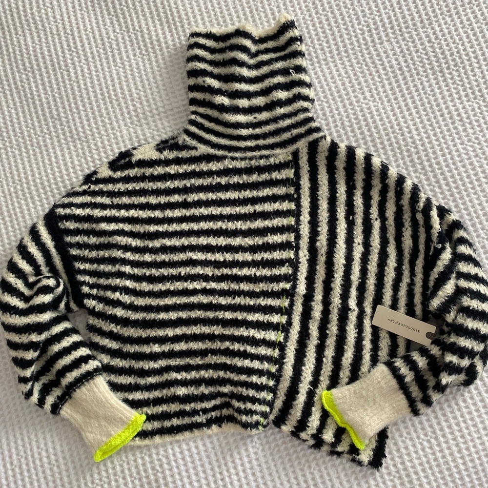 Anthropologie cropped Striped Black and Cream Turtleneck Sweater